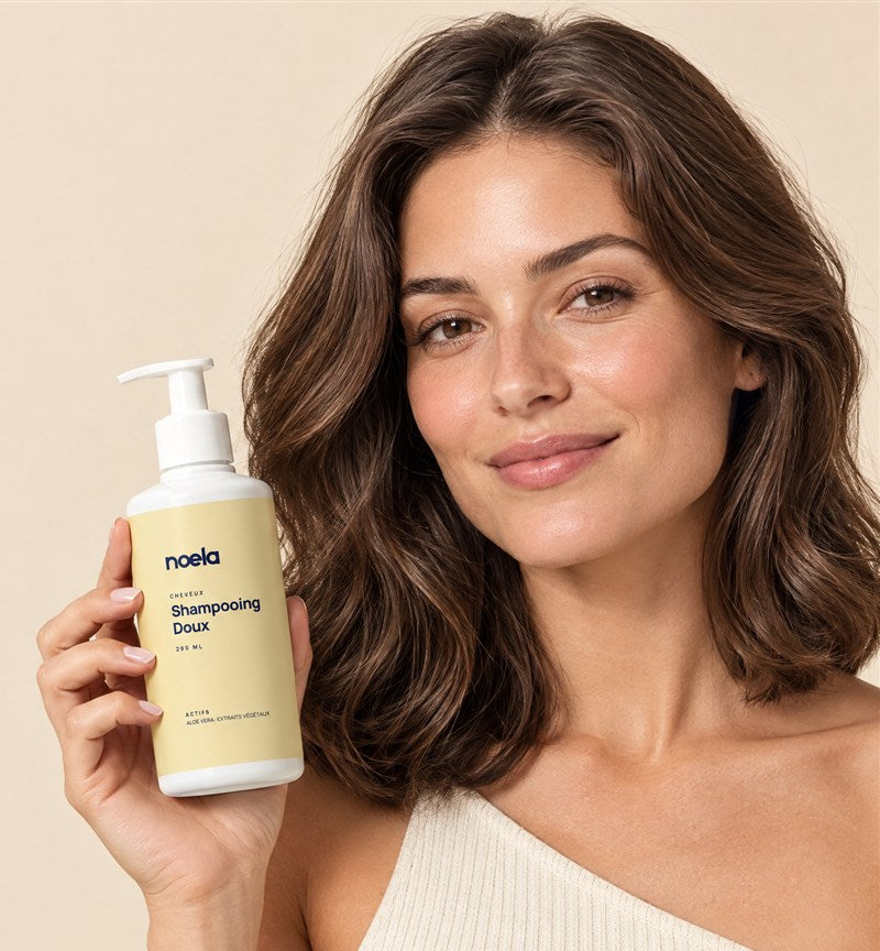 Femme aux cheveux soyeux tenant le Shampooing Doux